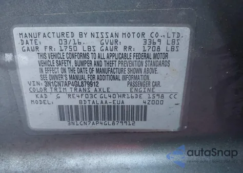 2016 Nissan Versa 1.6 S из США, поврежденный, VIN 3N1CN7AP4GL879912